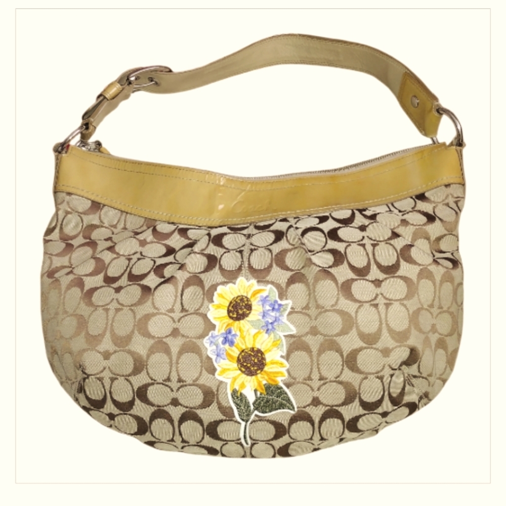 Large Coach Jacquard & Patent Leather Shoulder Bag Floral Applique Tan Yellow